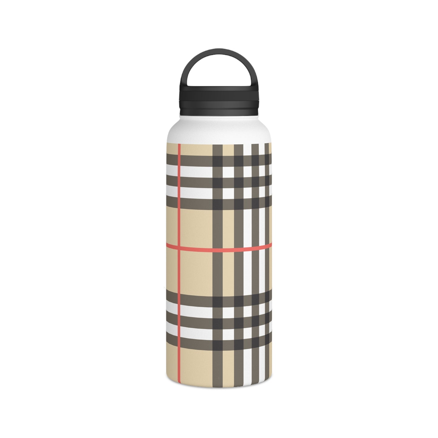 Insulated Water Bottle or Coffee Flask in Brown and White Check .Stainless Steel Water Bottle, Handle Lid