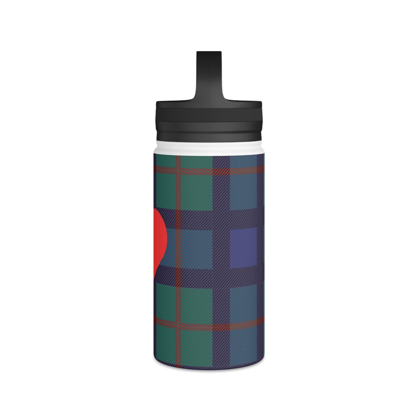 Blue Tartan with Red Heart Water Bottle, Stainless Steel Water Bottle, Handle Lid