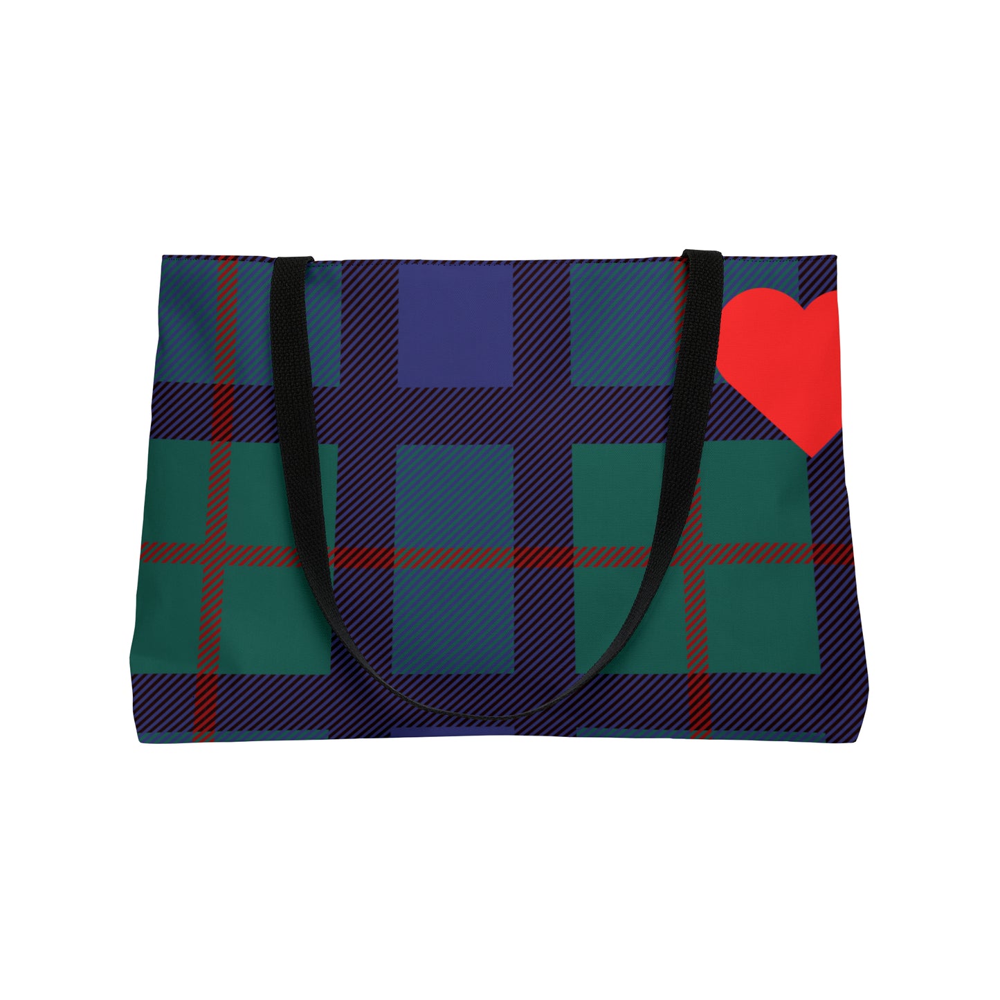 Large Tote Bag: Blue Tartan with Red Heart Weekender Tote Bag