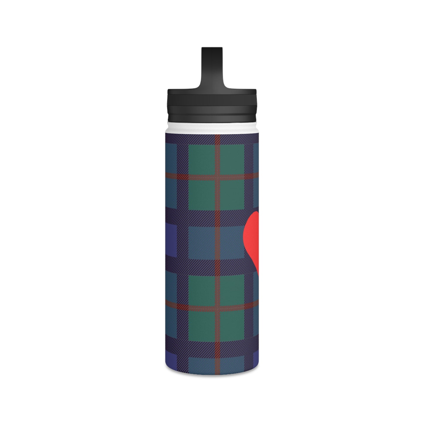 Blue Tartan with Red Heart Water Bottle, Stainless Steel Water Bottle, Handle Lid