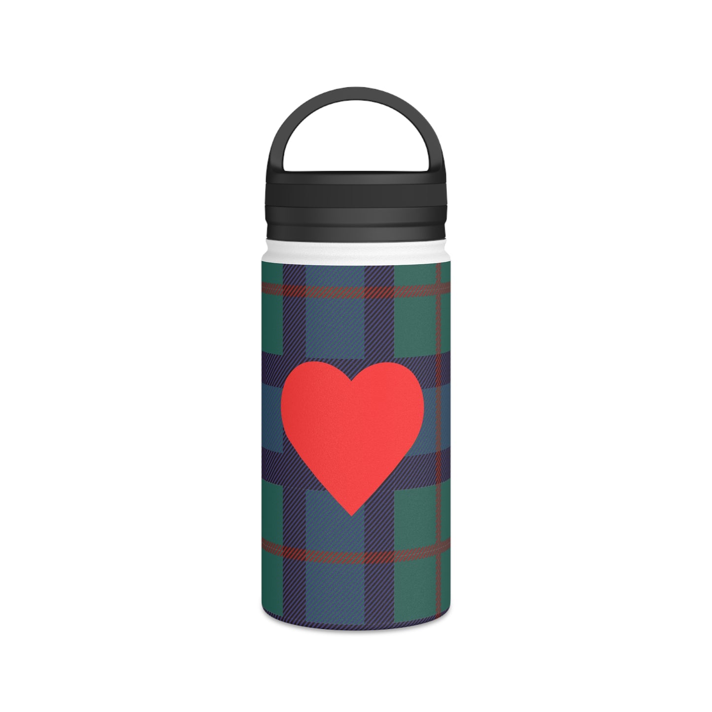 Blue Tartan with Red Heart Water Bottle, Stainless Steel Water Bottle, Handle Lid