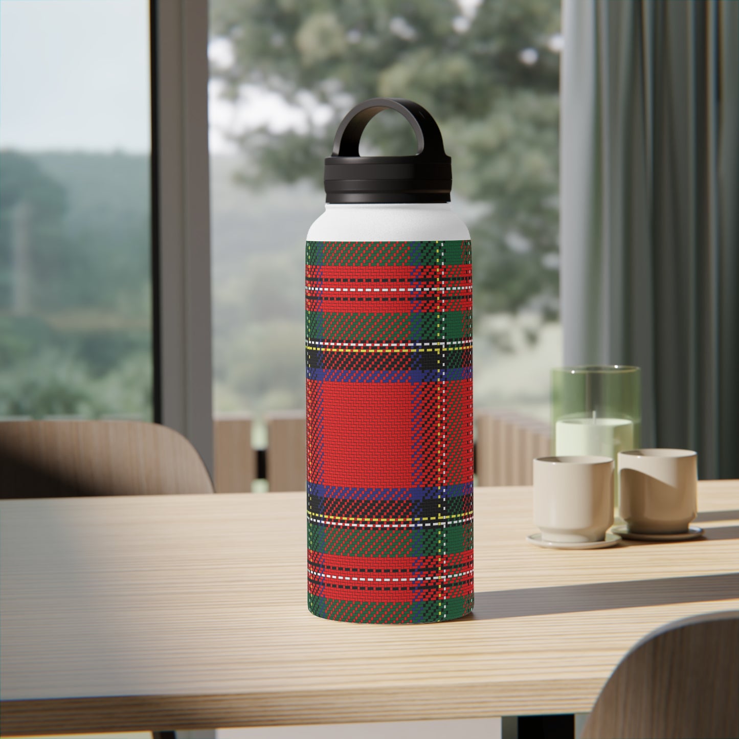 Red Tartan Water Bottle Stainless Steel Water Bottle, Handle Lid