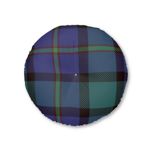 Tufted Floor Blue Tartan Pillow, Round