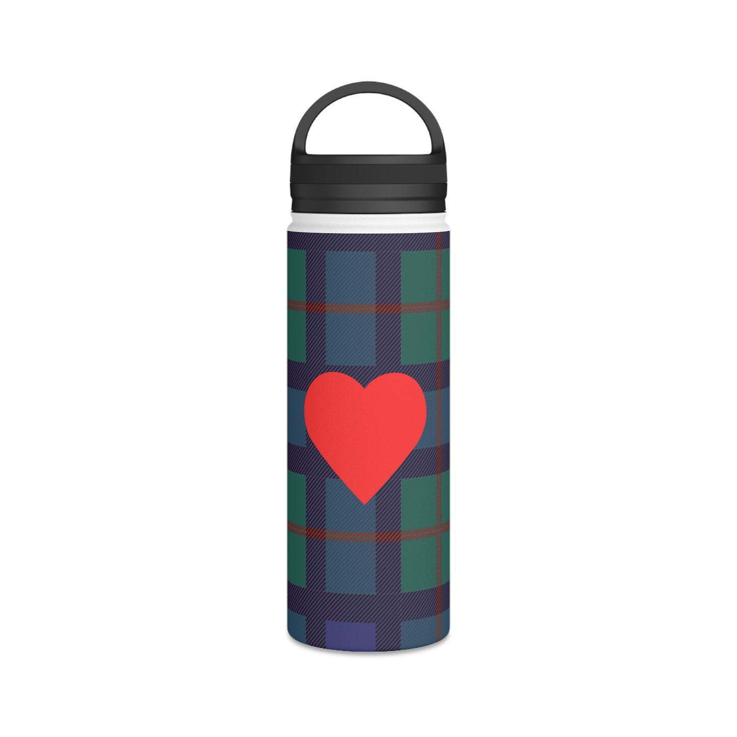 Blue Tartan with Red Heart Water Bottle, Stainless Steel Water Bottle, Handle Lid