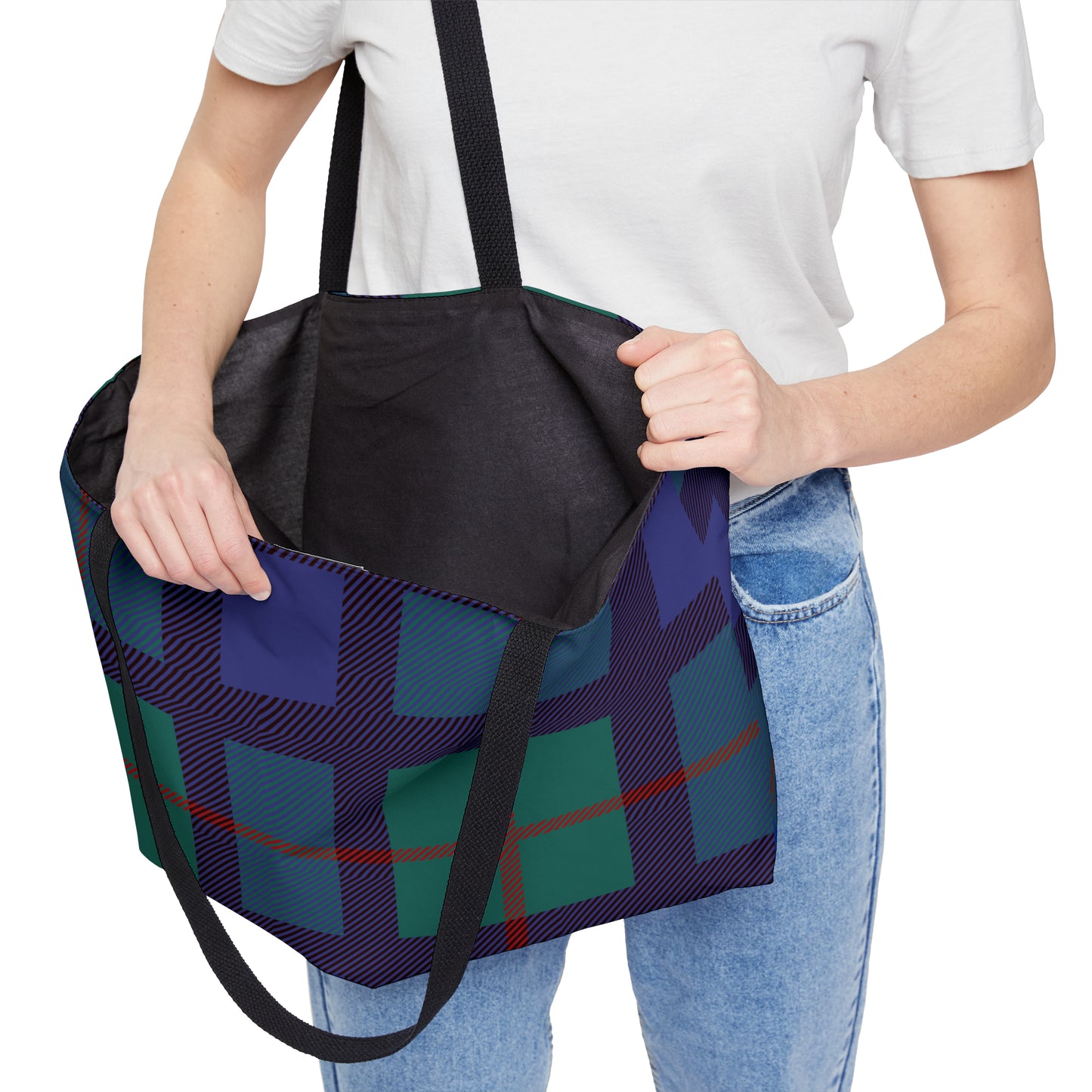 Large Tote Bag: Blue Tartan Weekender Tote Bag