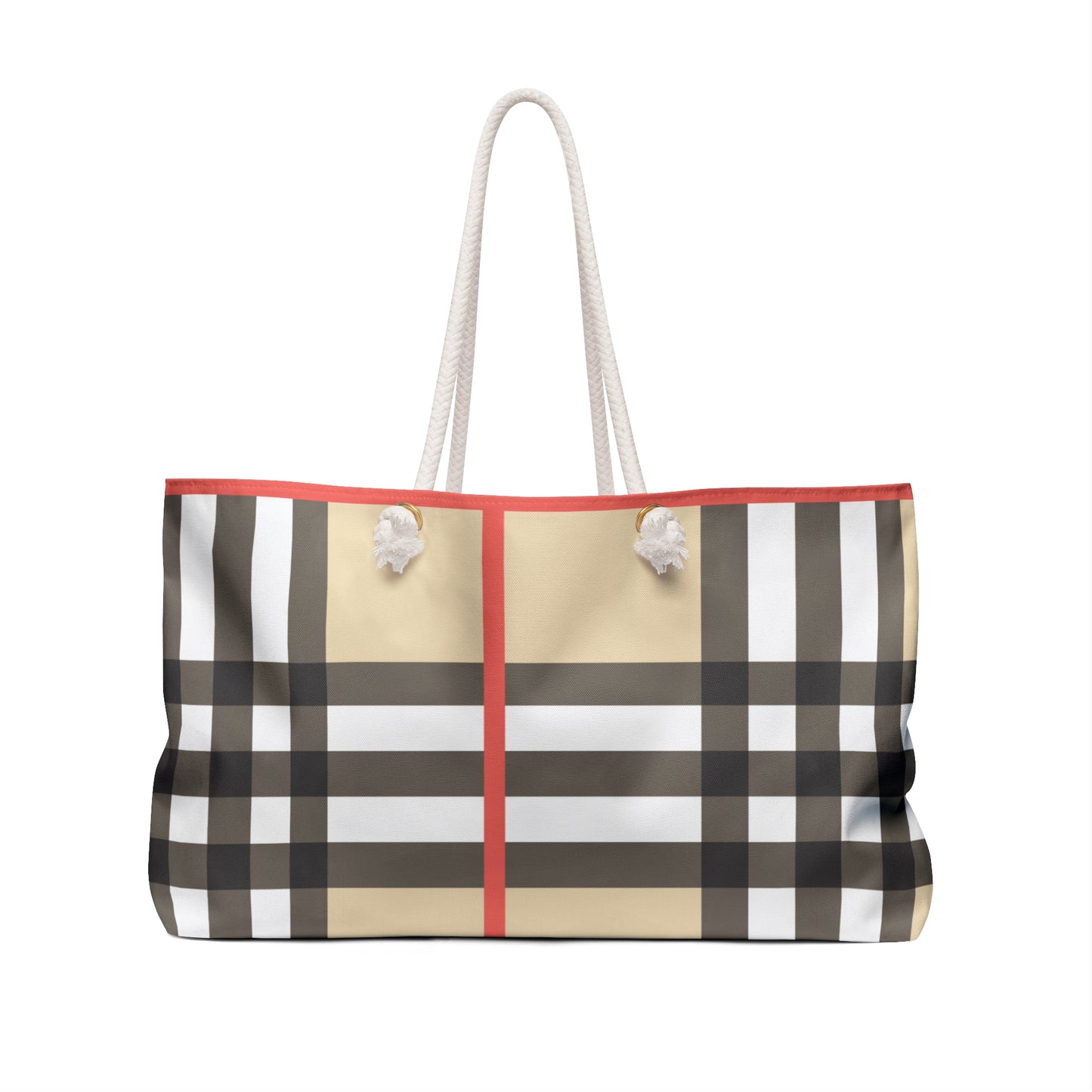 Large Tote Brown and White Weekender Bag in Brown and White Tartan.