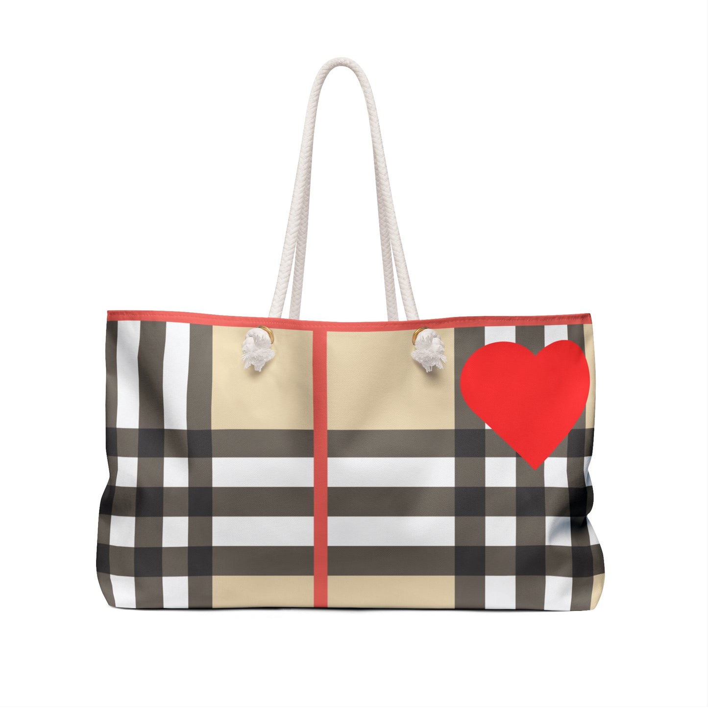 Large Tote Weekender Bag With Red Heart in Brown and White Tartan.