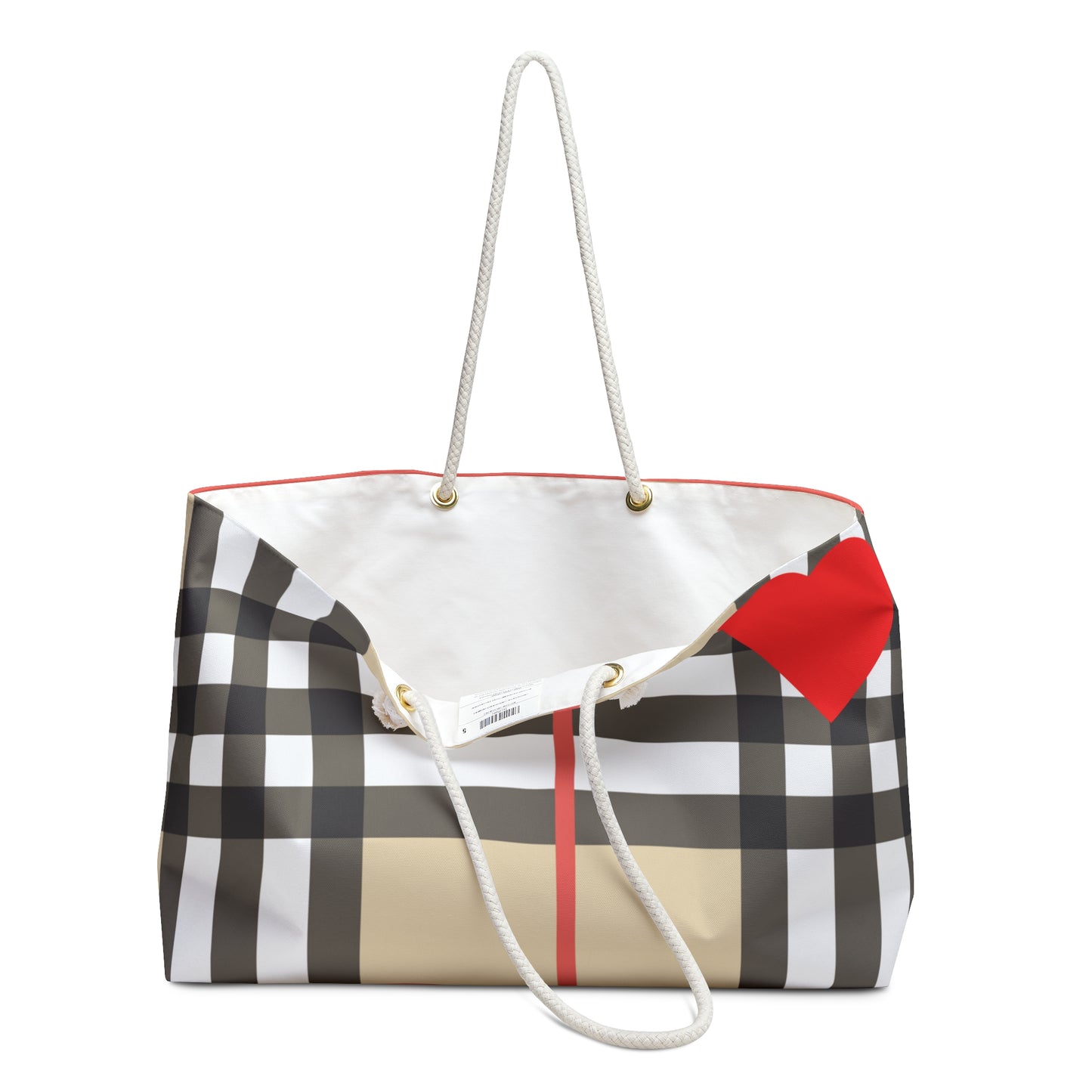 Large Tote Weekender Bag With Red Heart in Brown and White Tartan.