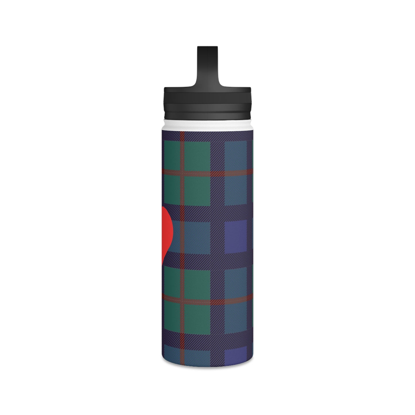 Blue Tartan with Red Heart Water Bottle, Stainless Steel Water Bottle, Handle Lid