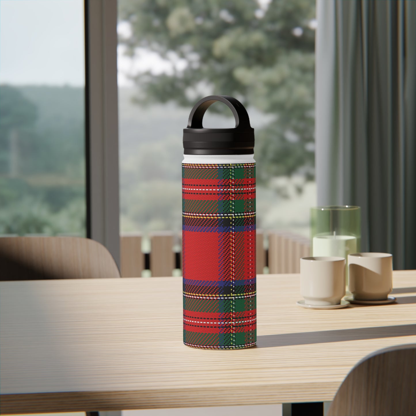 Red Tartan Water Bottle Stainless Steel Water Bottle, Handle Lid