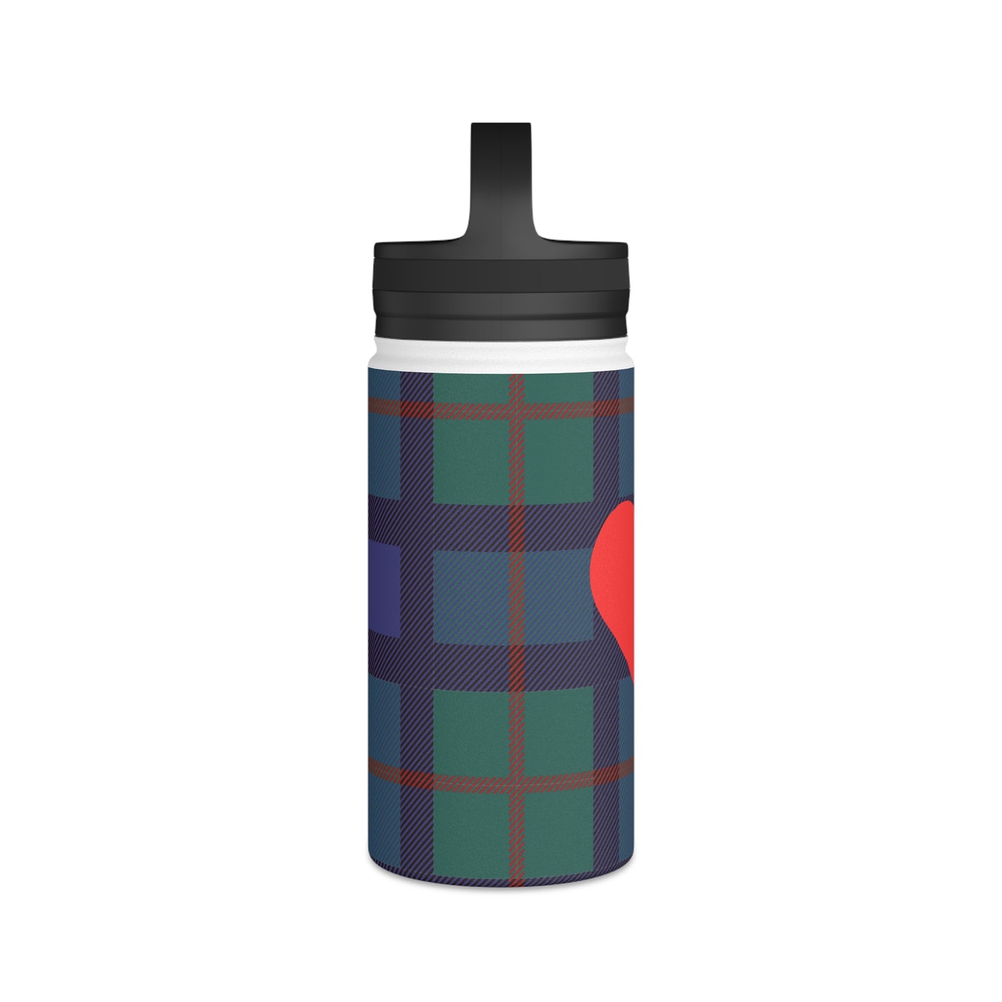 Blue Tartan with Red Heart Water Bottle, Stainless Steel Water Bottle, Handle Lid