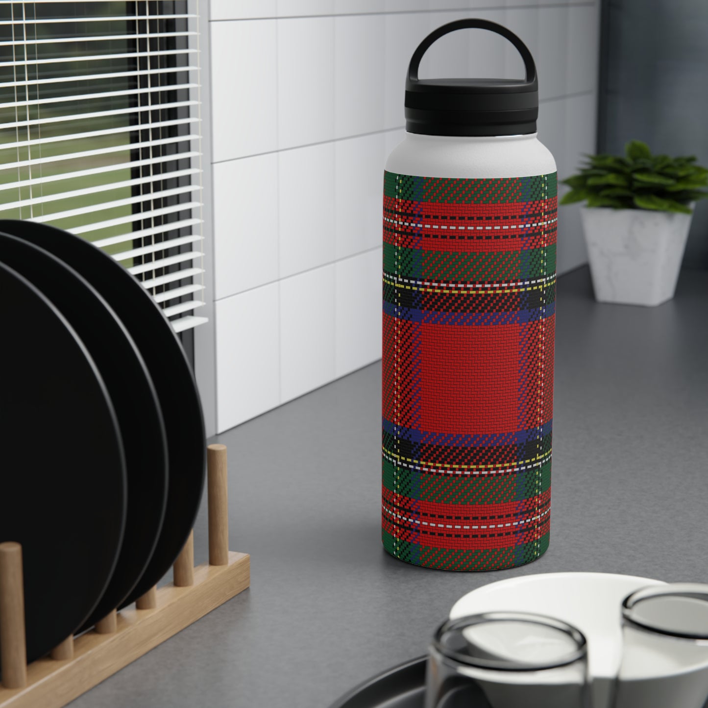 Red Tartan Water Bottle Stainless Steel Water Bottle, Handle Lid