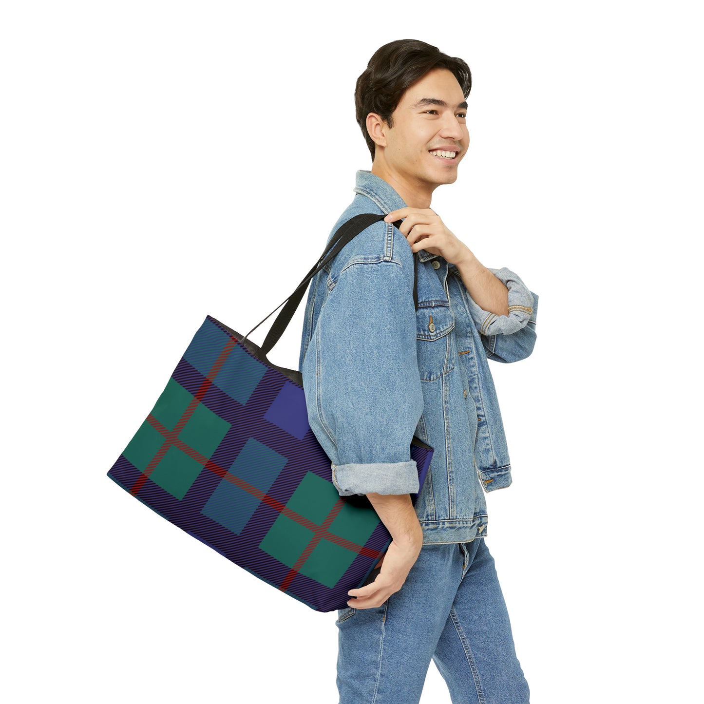 Large Tote Bag: Blue Tartan Weekender Tote Bag