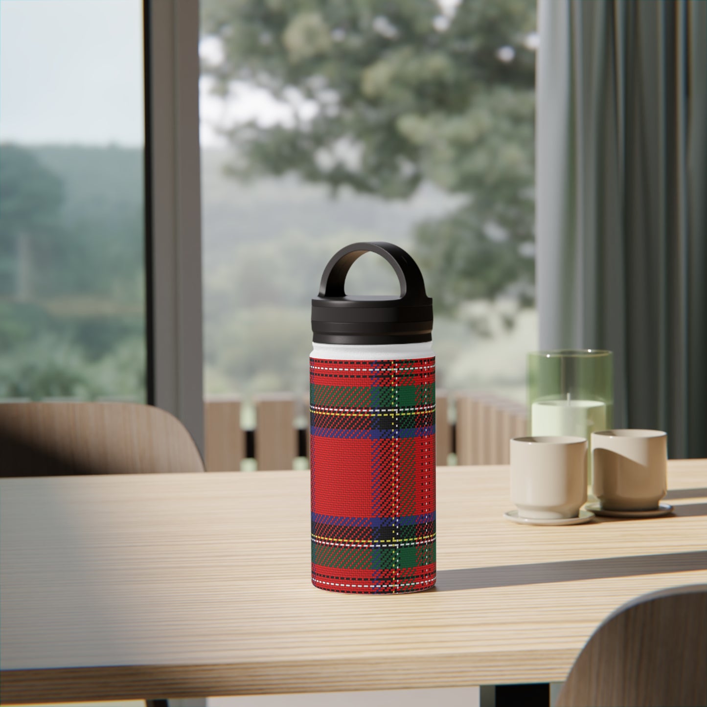 Red Tartan Water Bottle Stainless Steel Water Bottle, Handle Lid