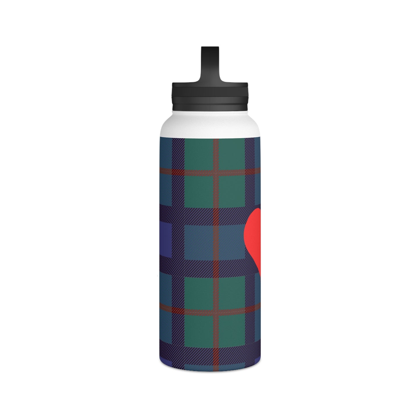 Blue Tartan with Red Heart Water Bottle, Stainless Steel Water Bottle, Handle Lid