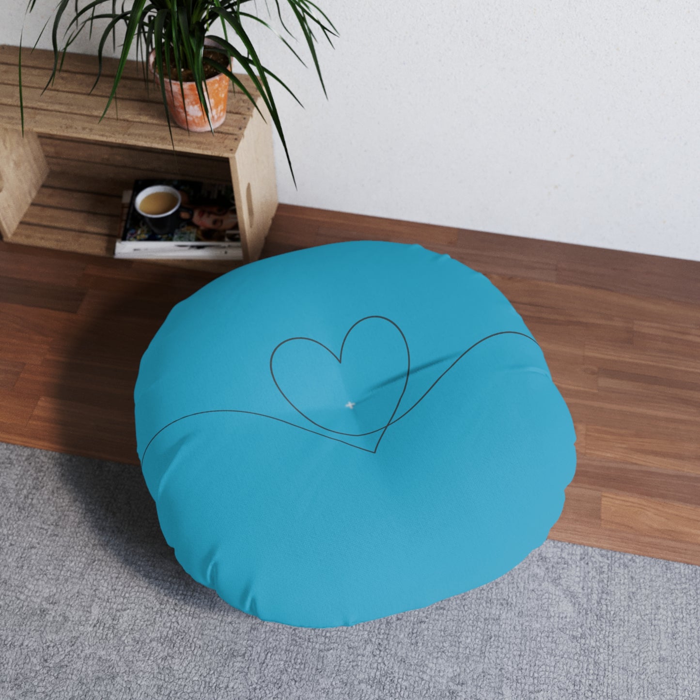 Turquoise Heart Tufted Floor Pillow, Round