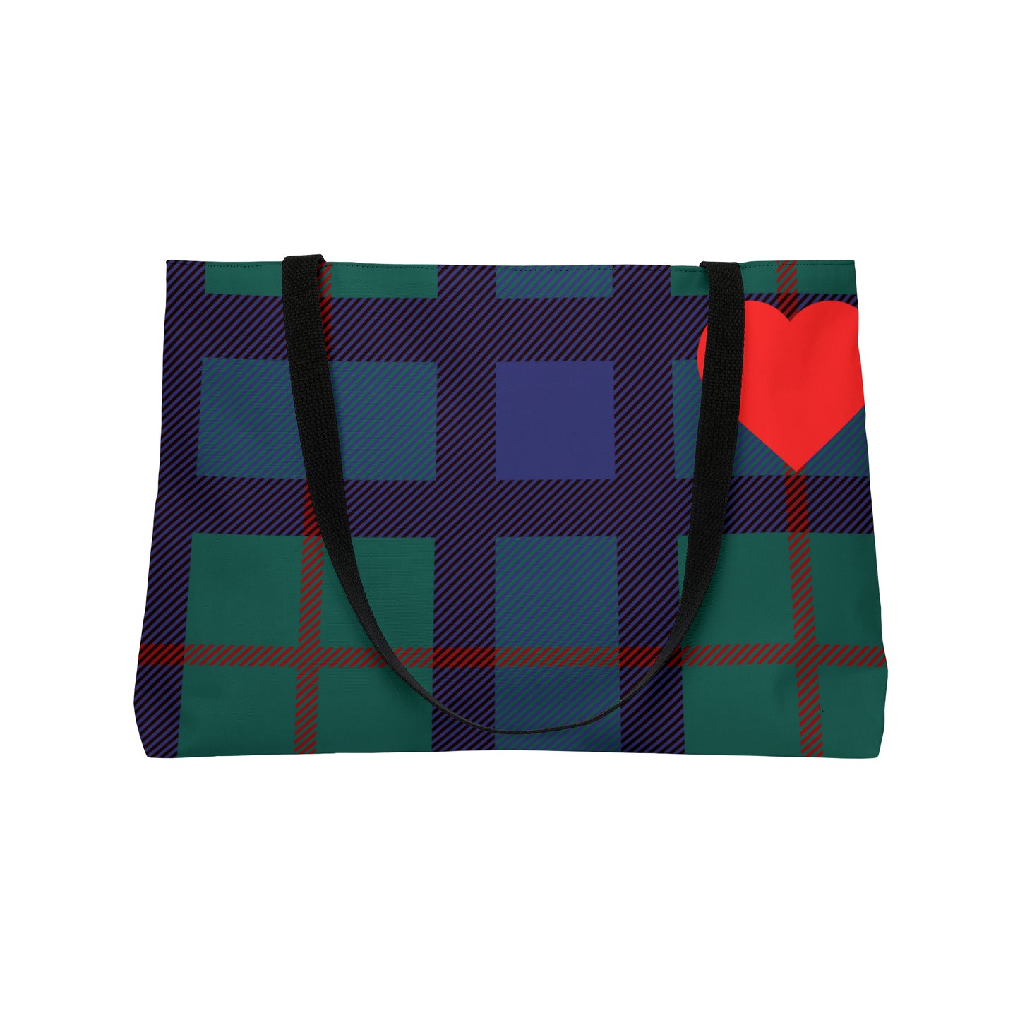 Large Tote Bag: Blue Tartan with Red Heart Weekender Tote Bag