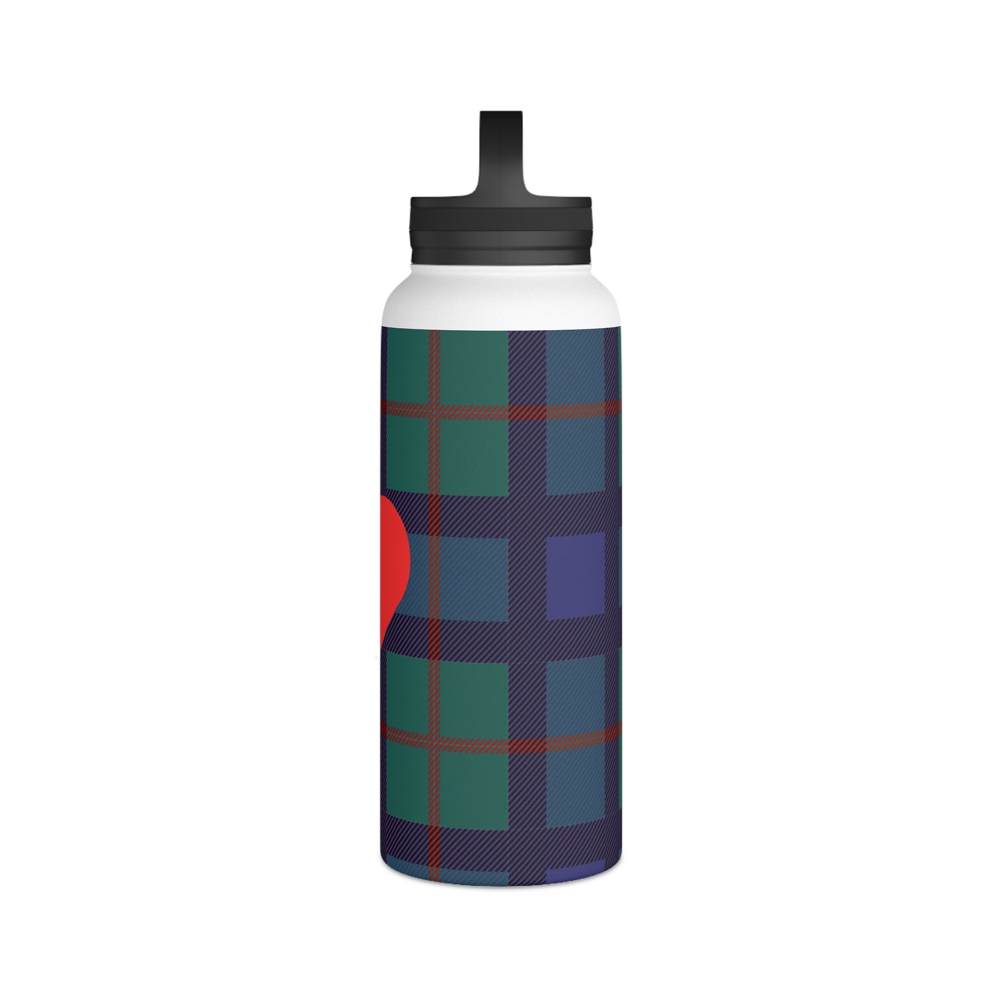 Blue Tartan with Red Heart Water Bottle, Stainless Steel Water Bottle, Handle Lid