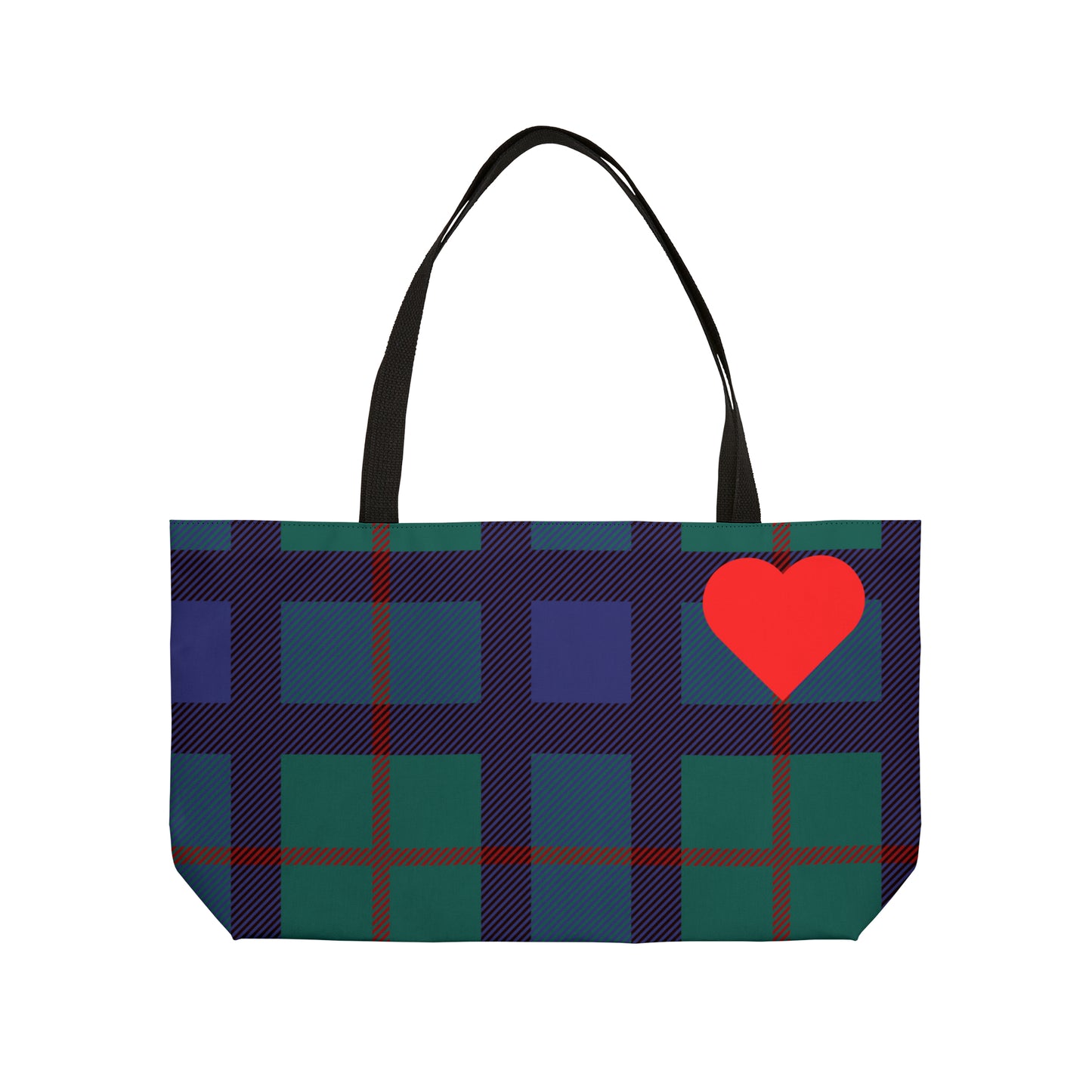 Large Tote Bag: Blue Tartan with Red Heart Weekender Tote Bag