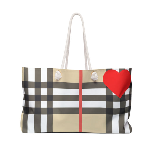 Large Tote Weekender Bag With Red Heart in Brown and White Tartan.