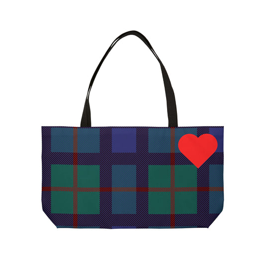 Large Tote Bag: Blue Tartan with Red Heart Weekender Tote Bag