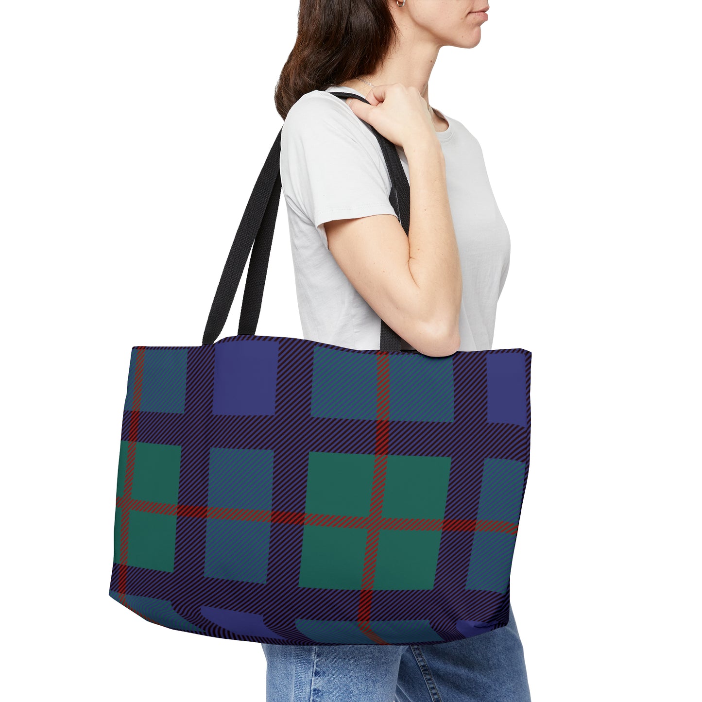 Large Tote Bag: Blue Tartan Weekender Tote Bag